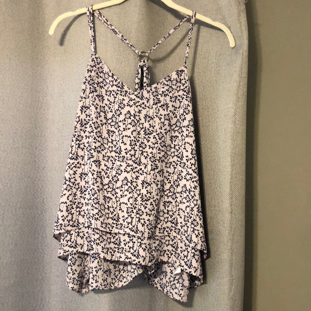 Maurices halter tank top. Flowy. Lilac with dark blue/black floral design.